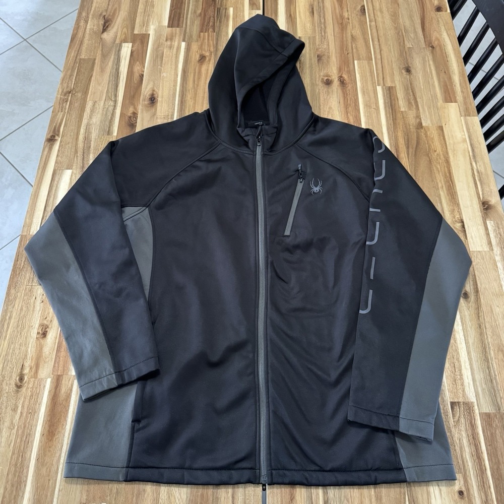 Spyder Jacket Mens XL Black Gray Full Zip Fleece Lined Hooded Outdoor Pockets